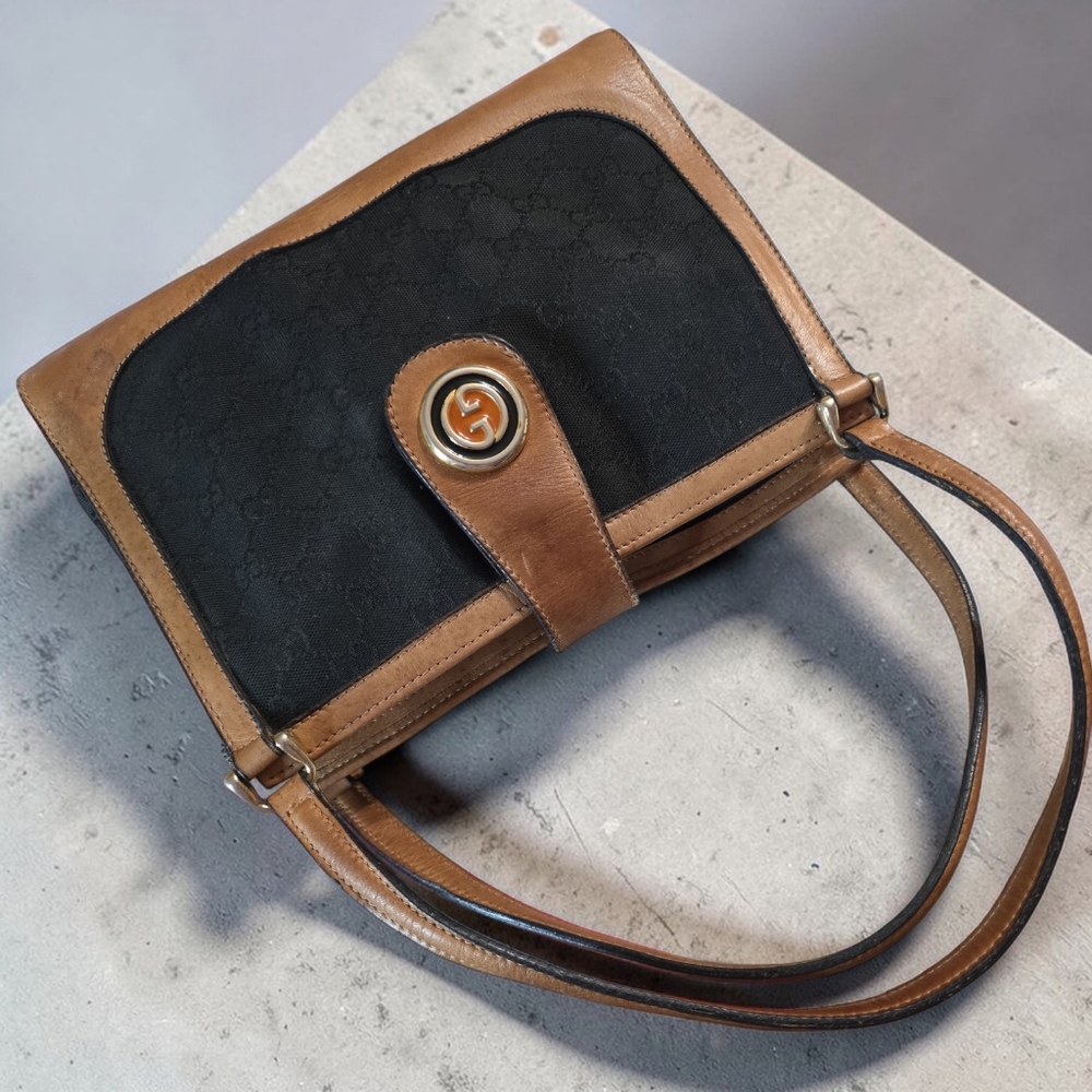 Gucci VTG Black Canvas Shoulder Bag with Brown Leather Trim And Free Bag Insert - Picture 8 of 13